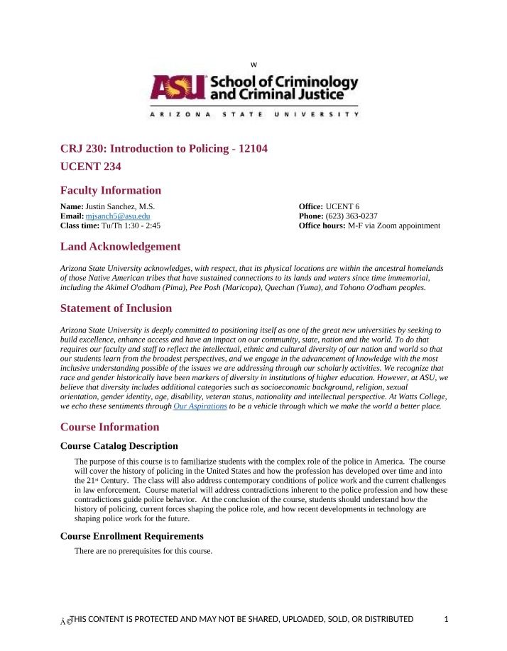 Syllabus for Introduction to Policing in America