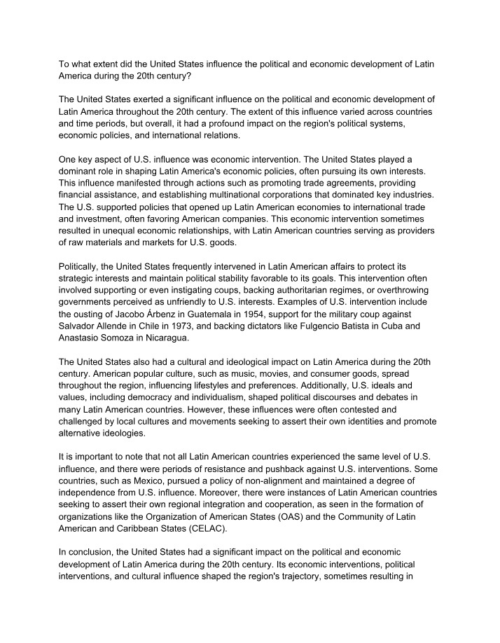 Latin American Political and Economic Development - US Influence in the 20th Century