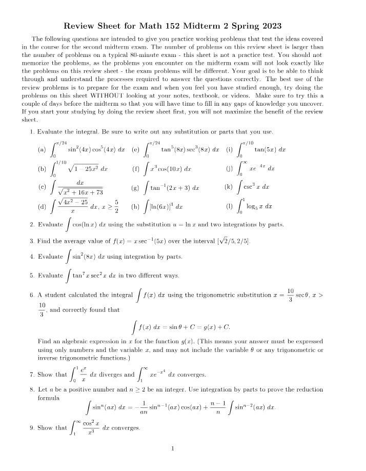 Midterm Exam 2 Review Sheet (Spring 2023)