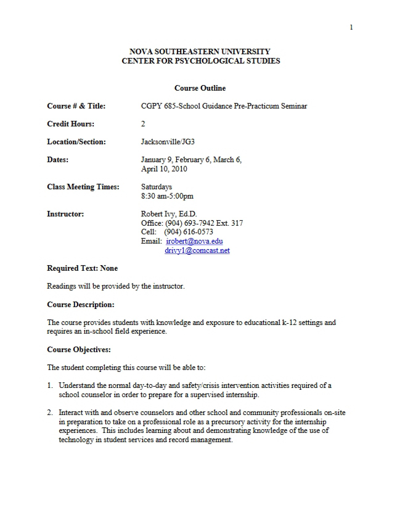Seminar Outline: School Guidance Pre-Practicum