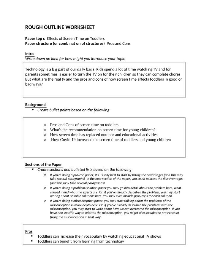Worksheet for Rough Outline