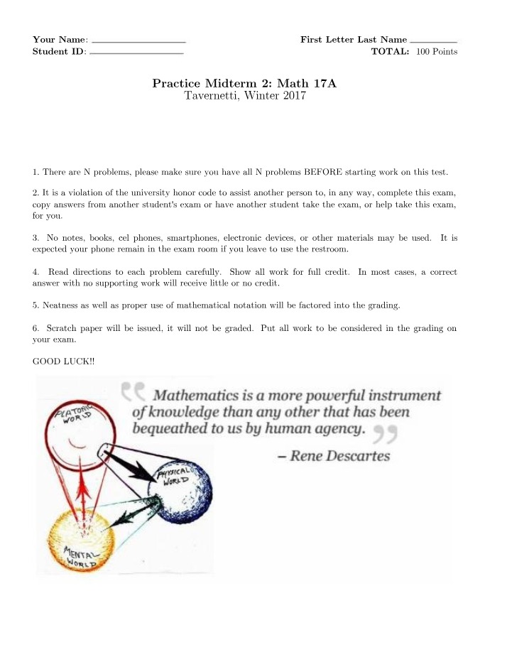 Winter 2017 Practice Midterm 2 for Math 17A