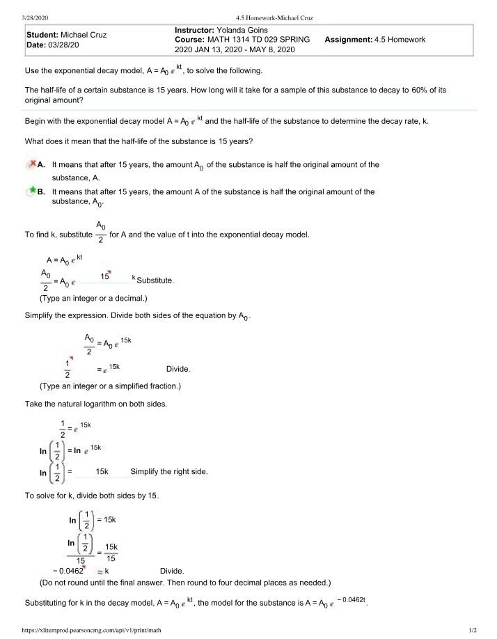 Solving Exponential Decay - Calculus Homework