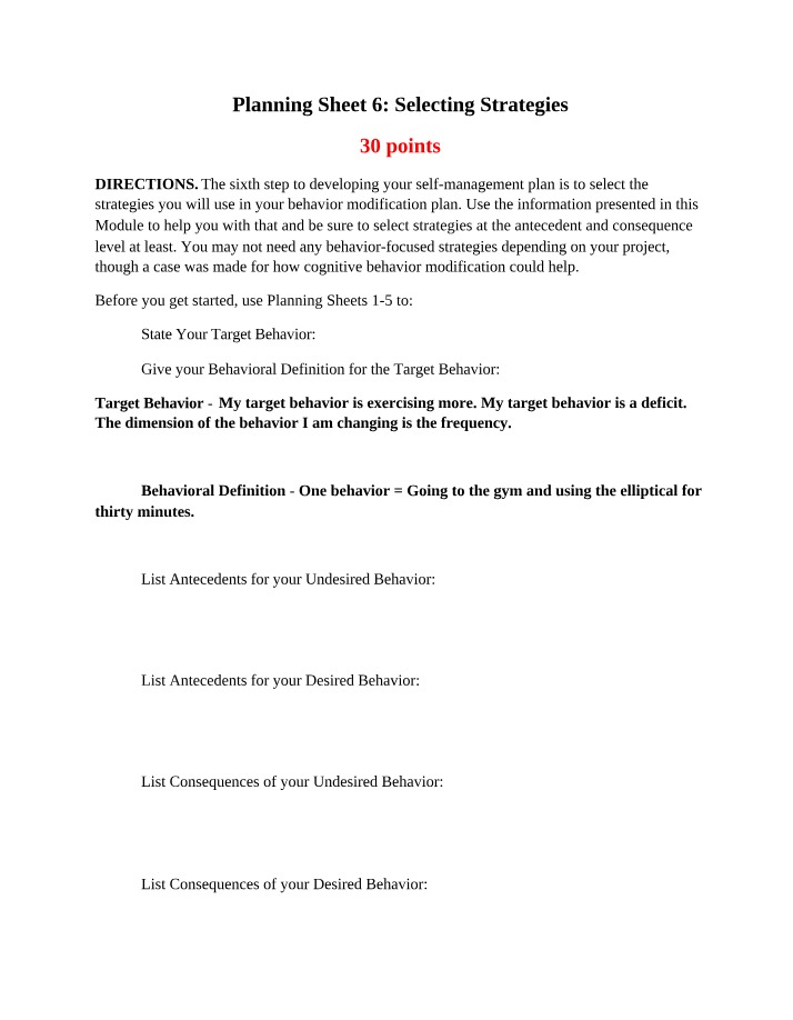 Selecting Strategies - Planning Sheet 6