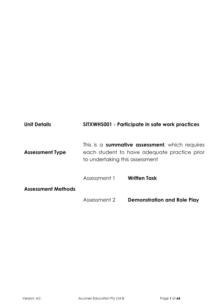 SITXWHS001 Assessment Tool - Participate in Safe Work Practices
