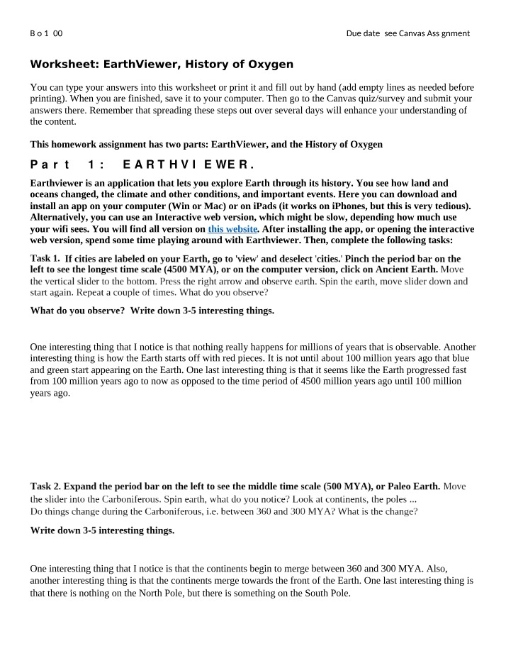 Worksheet on EarthViewer and History of Oxygen