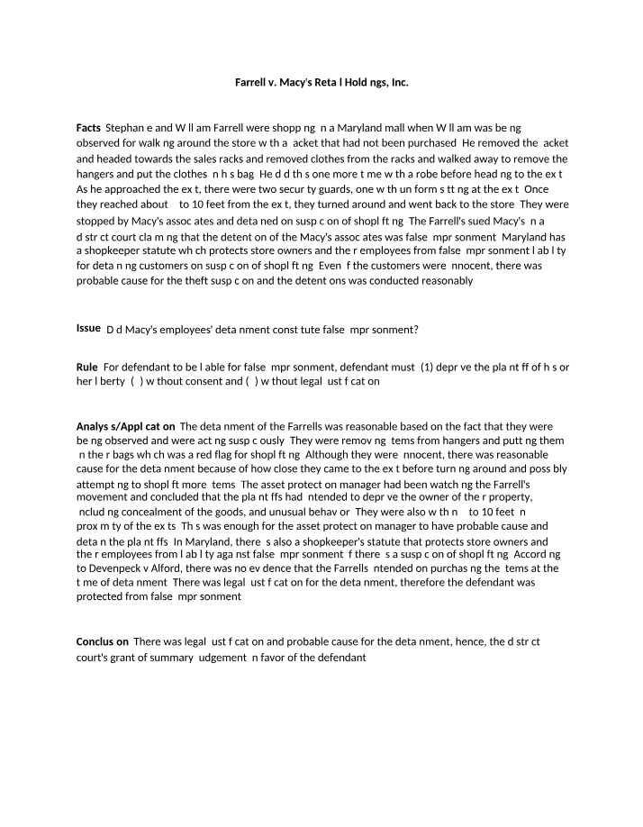 Case Analysis - Farrell v. Macy's Retail Holdings, Inc