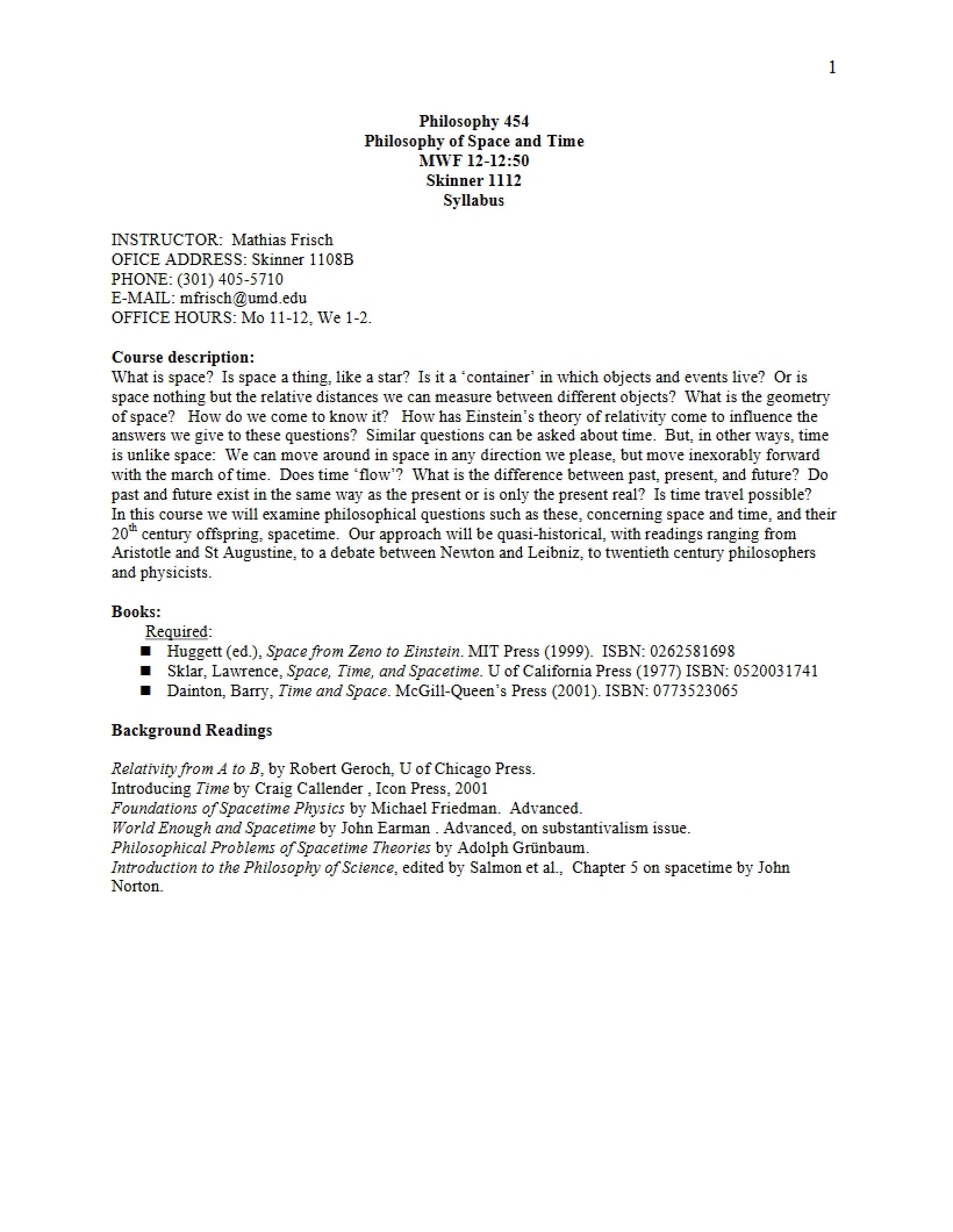Space and Time Philosophy Syllabus