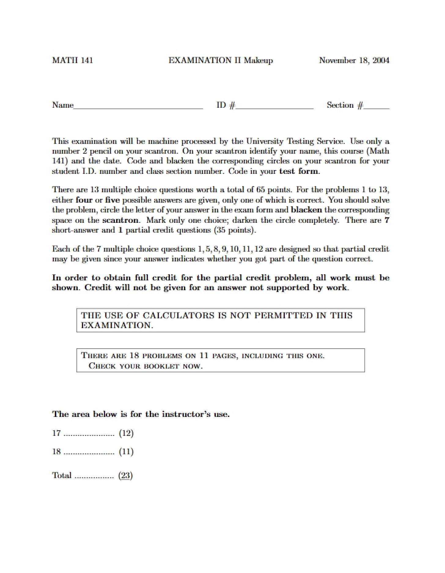 Second Makeup Exam Math 141