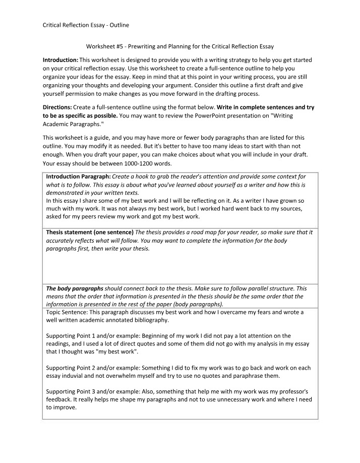 Outline for Critical Reflection Essay