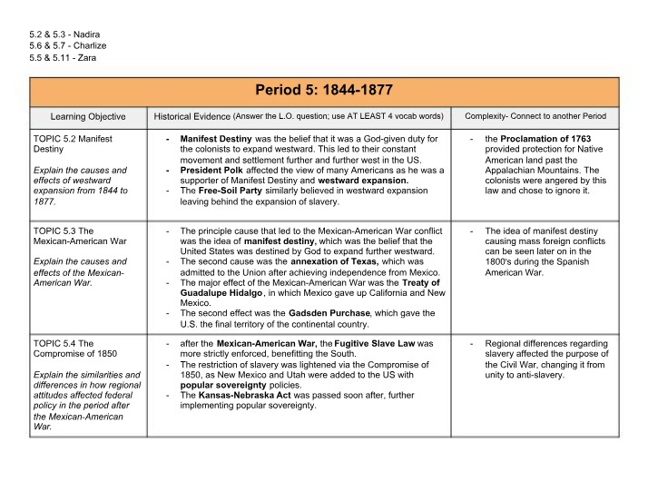 Westward Expansion, Mexican American War, Civil War, and Reconstruction