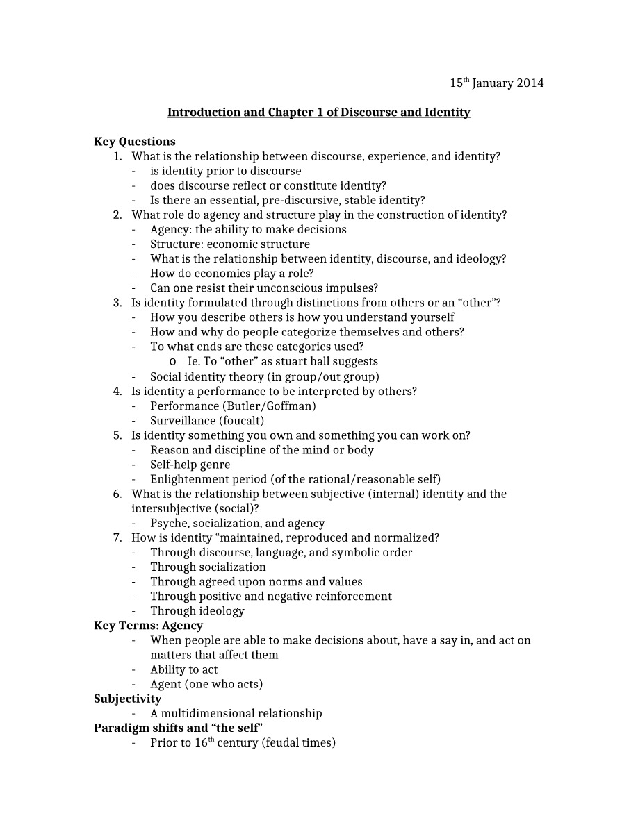 Discourse and Identity - Introduction and Chapter 1
