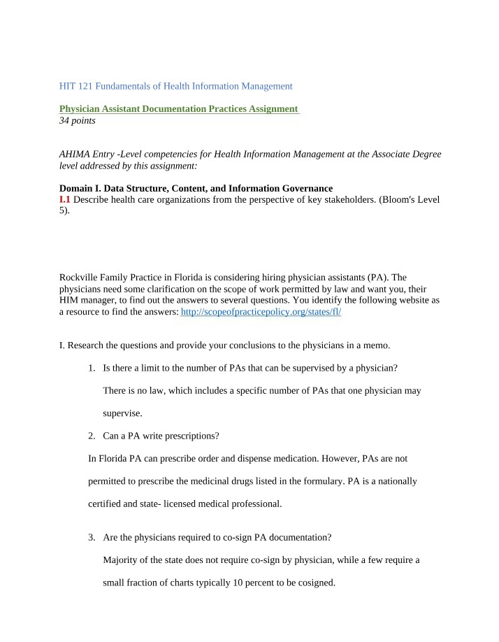 Physician Assistant Documentation Practices Assignment (HIT 121)