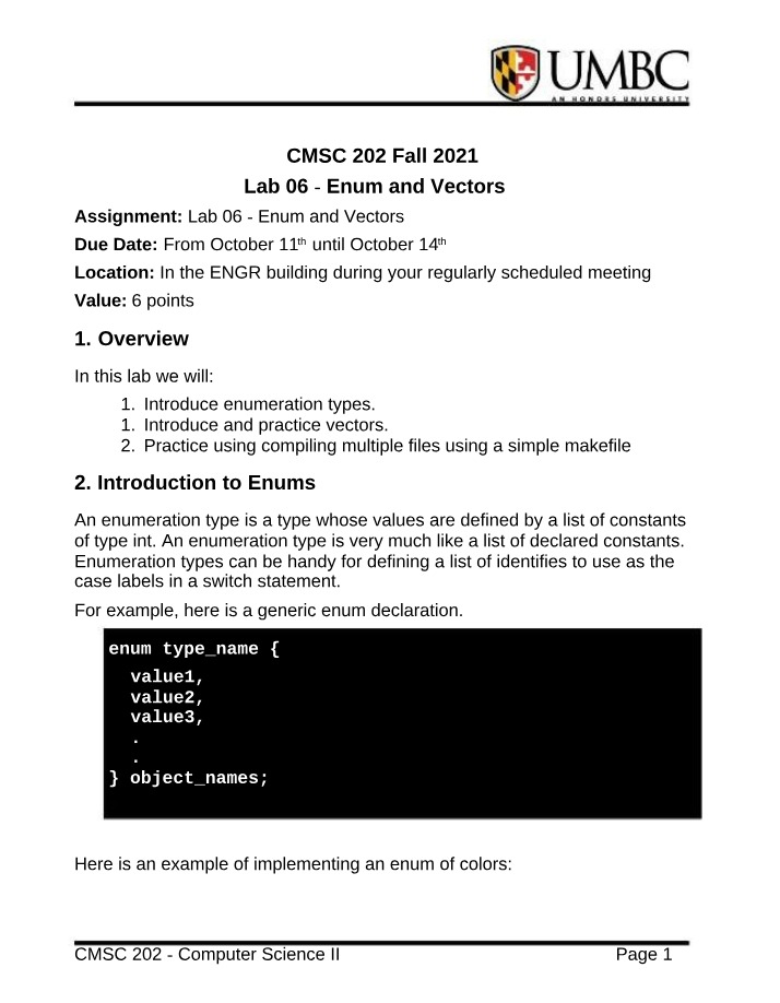 Introduction to Enums and Vectors - Enumeration Types Lab