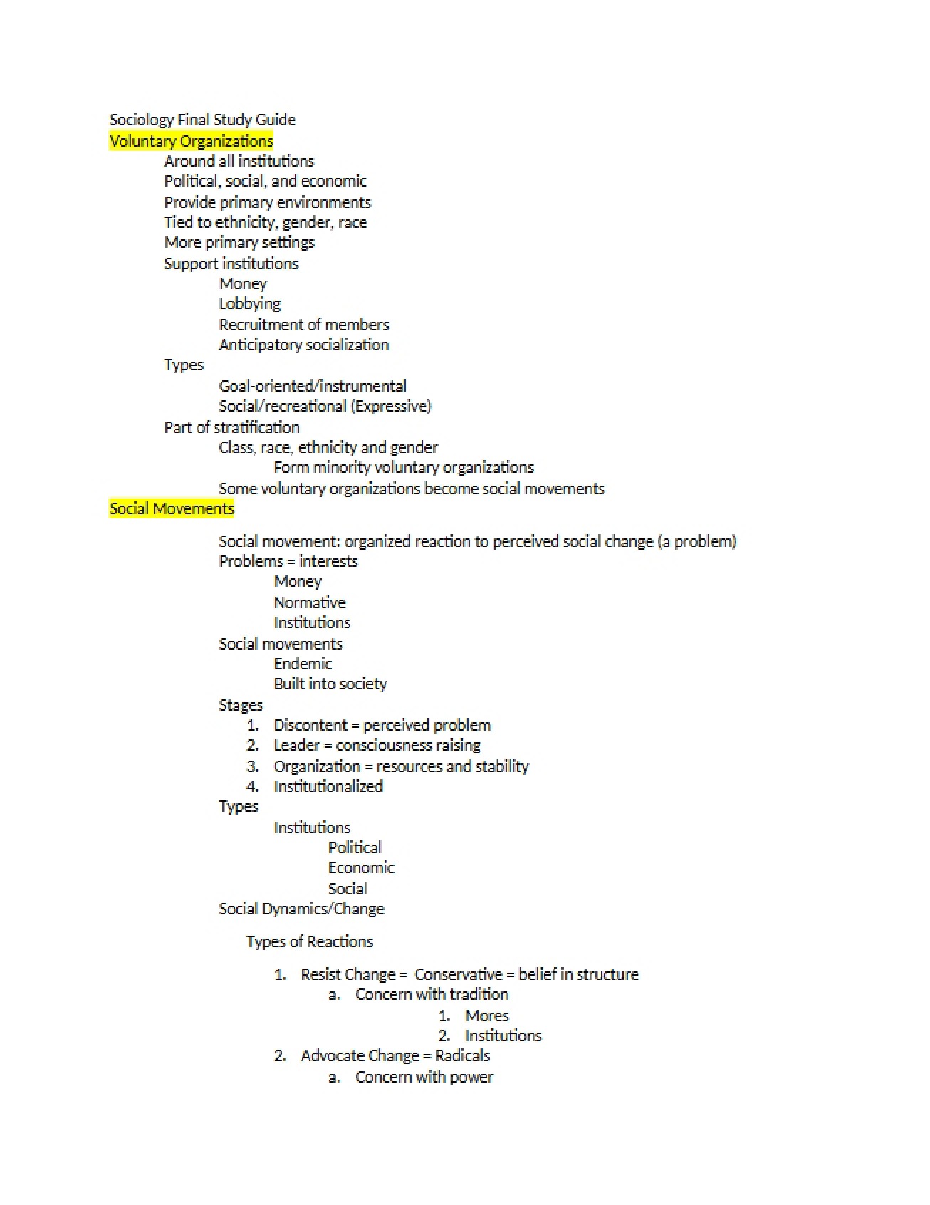 Study Guide for Sociology Final - SYG 1000