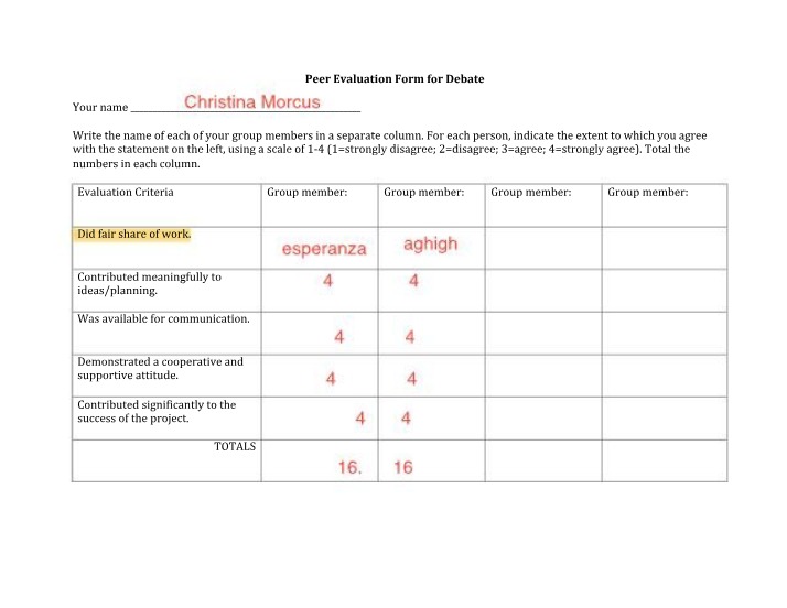 Debate Peer Evaluation Form