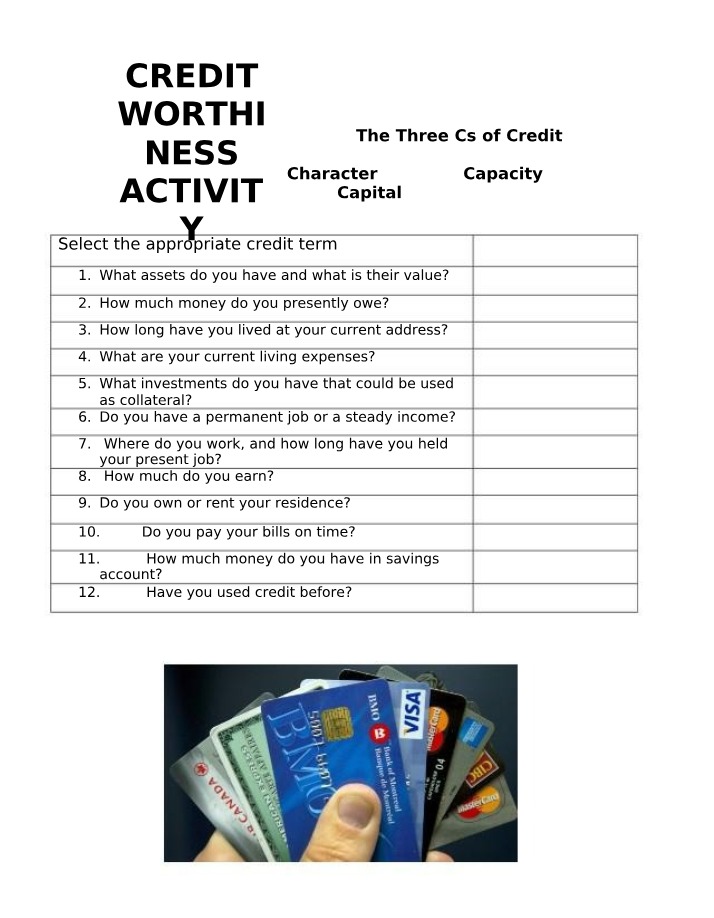 Credit Worthiness Activity - The Three Cs of Credit