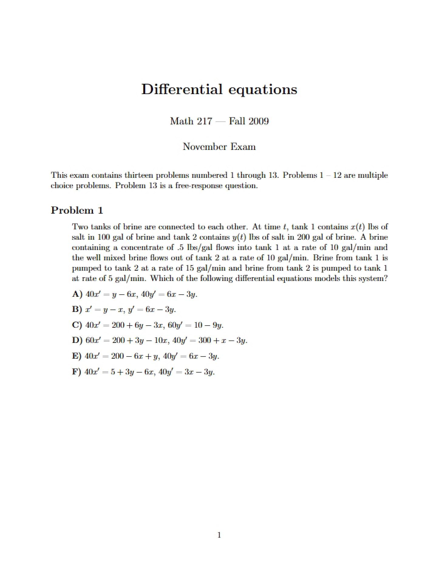 Fall 2009 Exam 3 Questions (Math 217)
