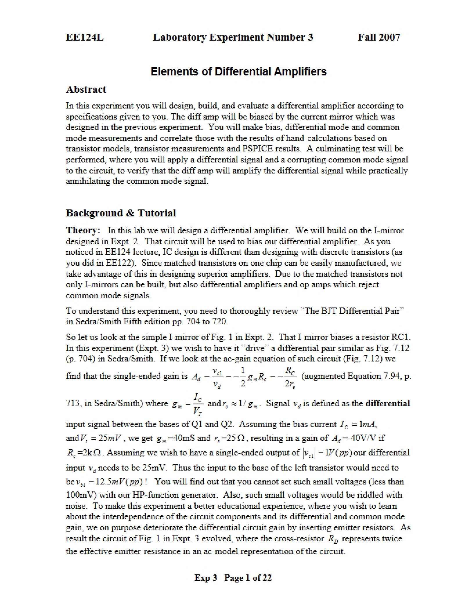Experiment 3 Abbreviated Guide Fall 2007