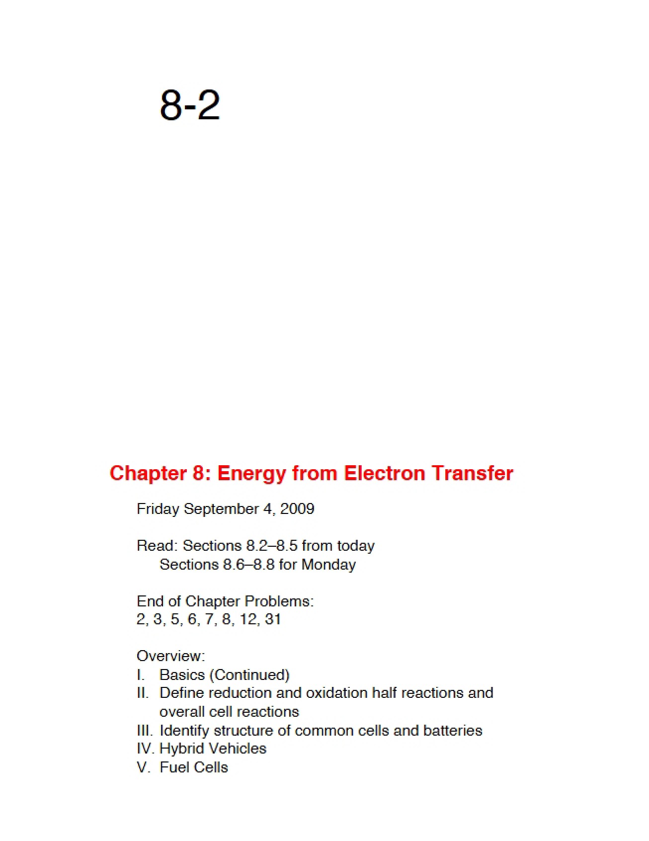 Energy from Electron Transfer (Chapter Eight)