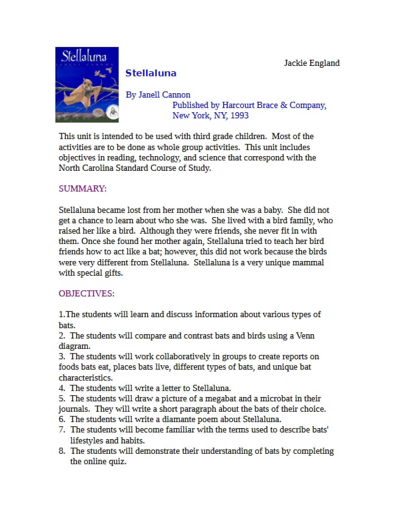 Stellaluna Literacy Study