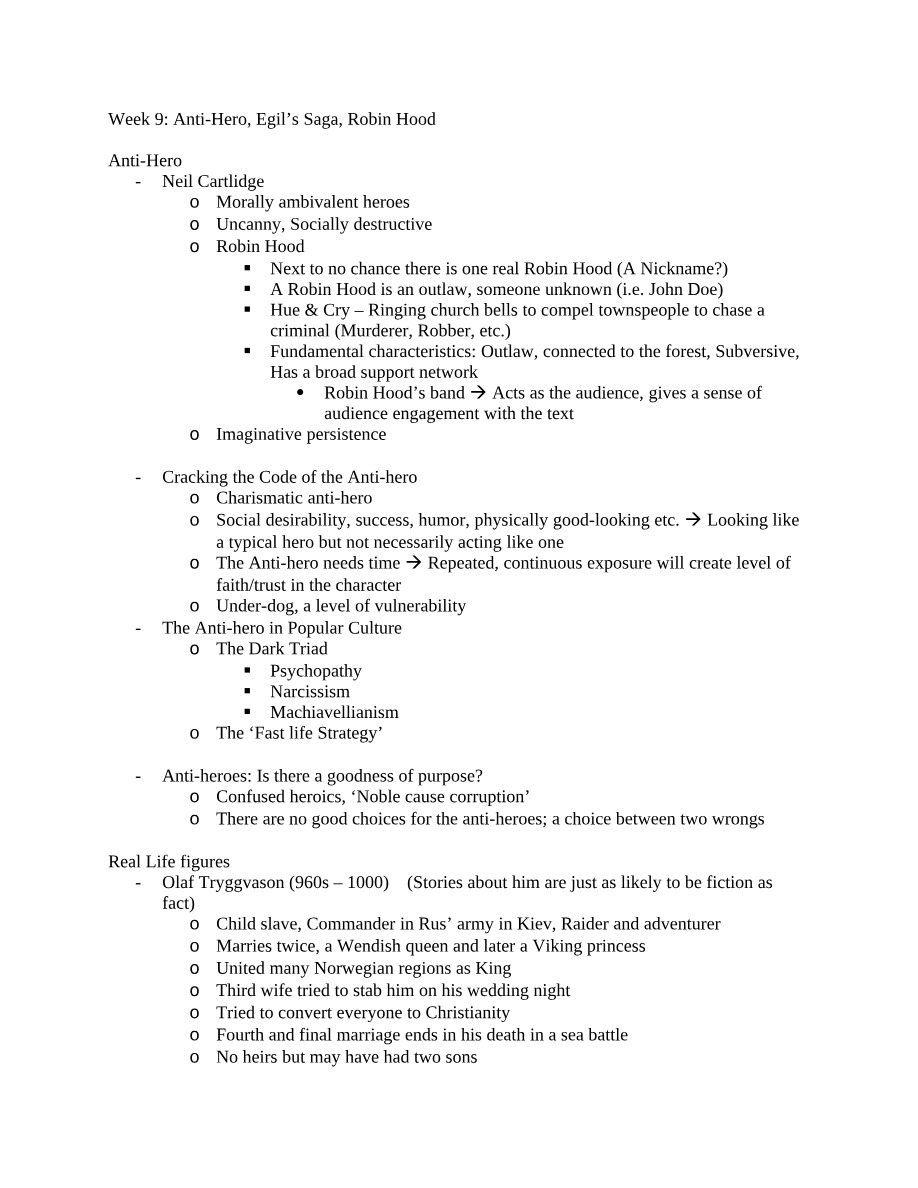 Anti-Hero, Egil's Saga, Robin Hood - Lecture Notes