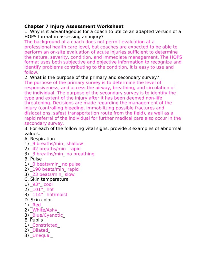 Injury Assessment Worksheet - Chapter 7