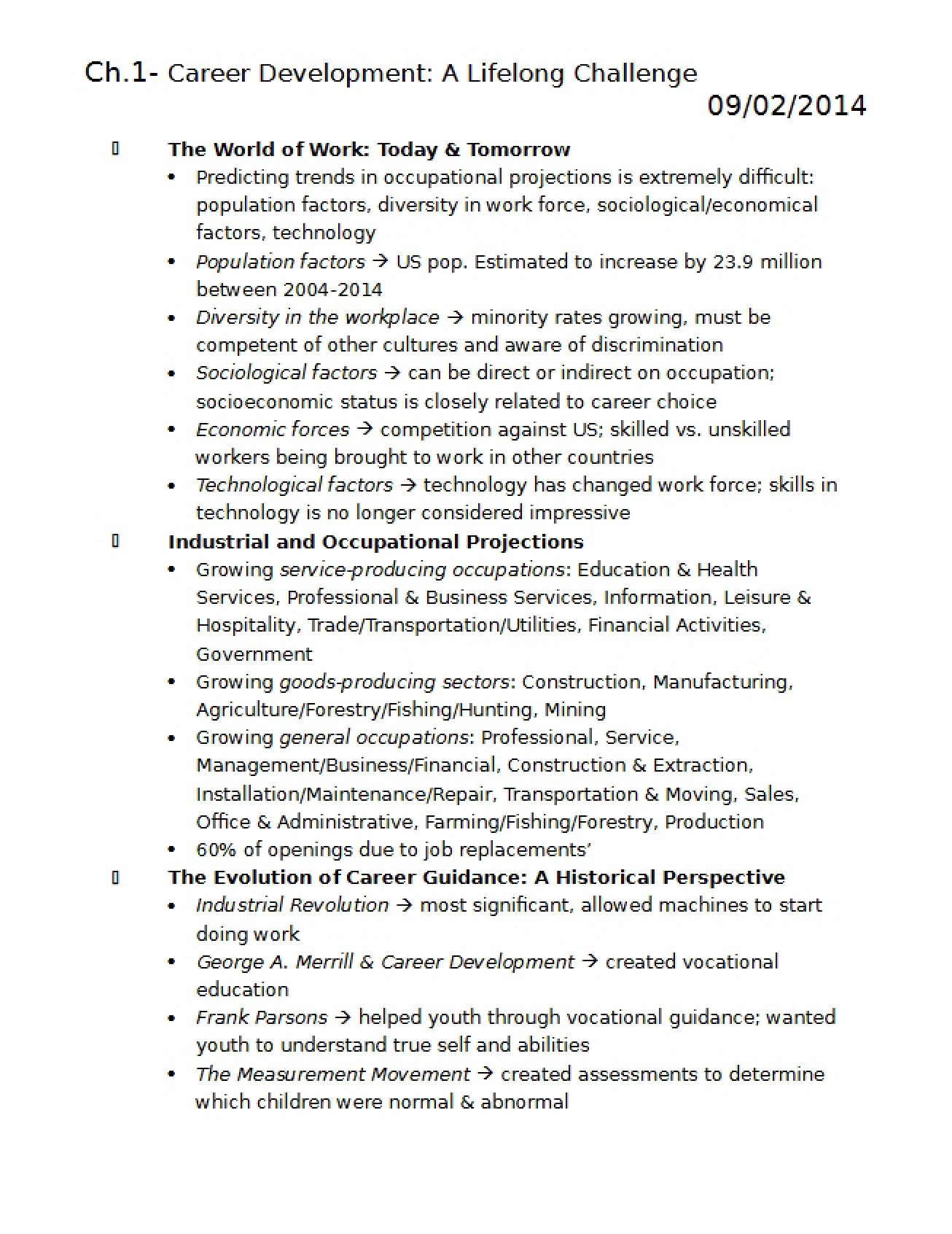 Notes on Chapter One Career Interventions