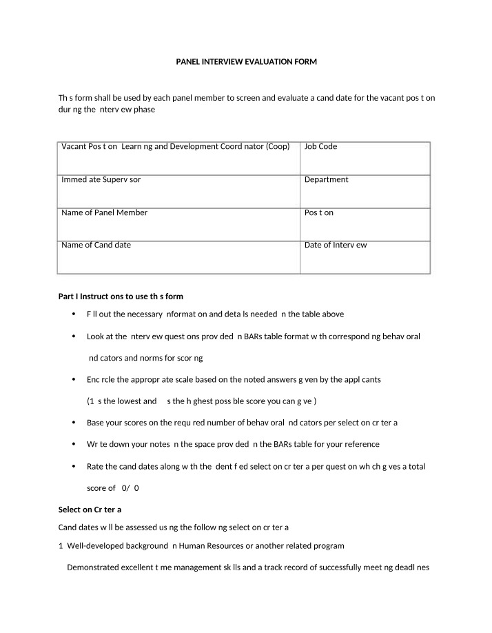 Evaluation Form for Learning and Development - Panel Interview