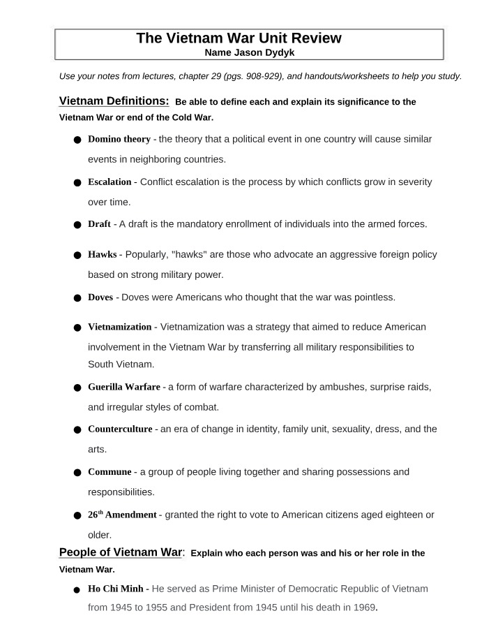 Vietnam War People, Definitions, and Events Study Guide