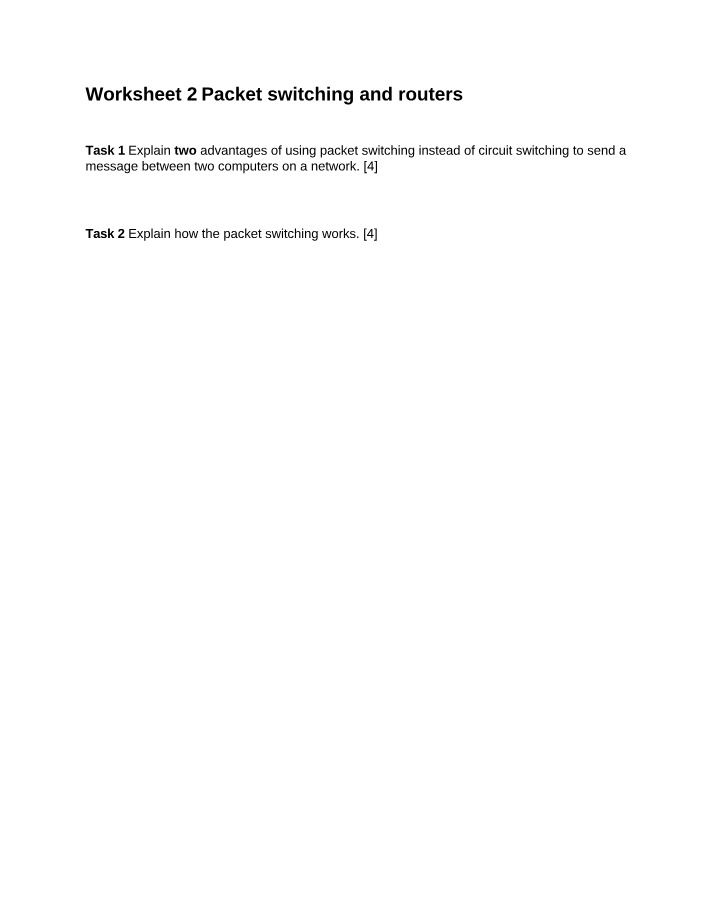 Packet Switching and Routers - Worksheet 2
