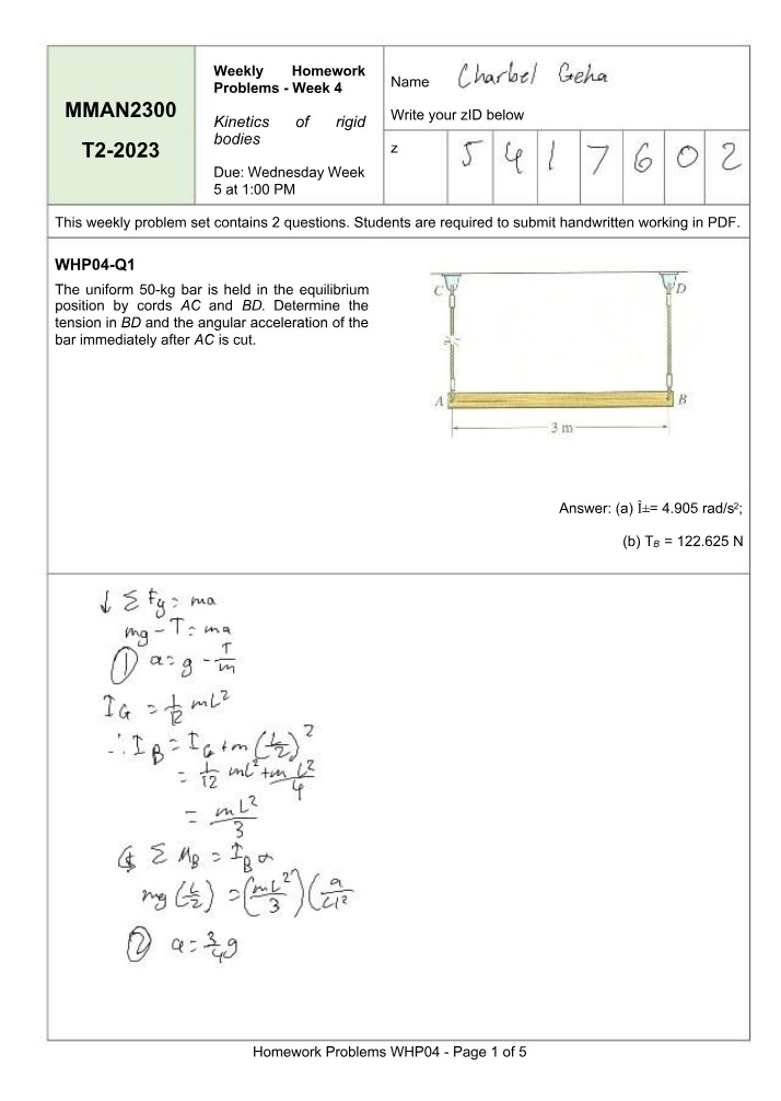 Kinetics of Rigid Bodies Homework Problems (WHP04)
