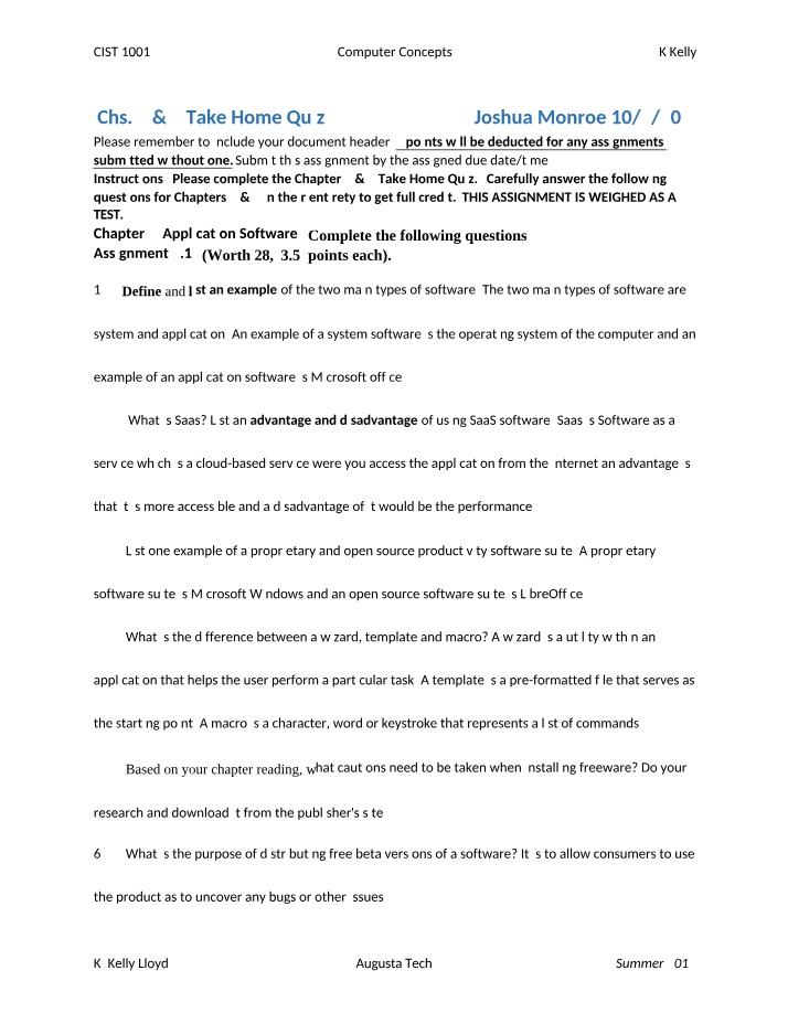 Take Home Quiz for Chapters 4 & 5