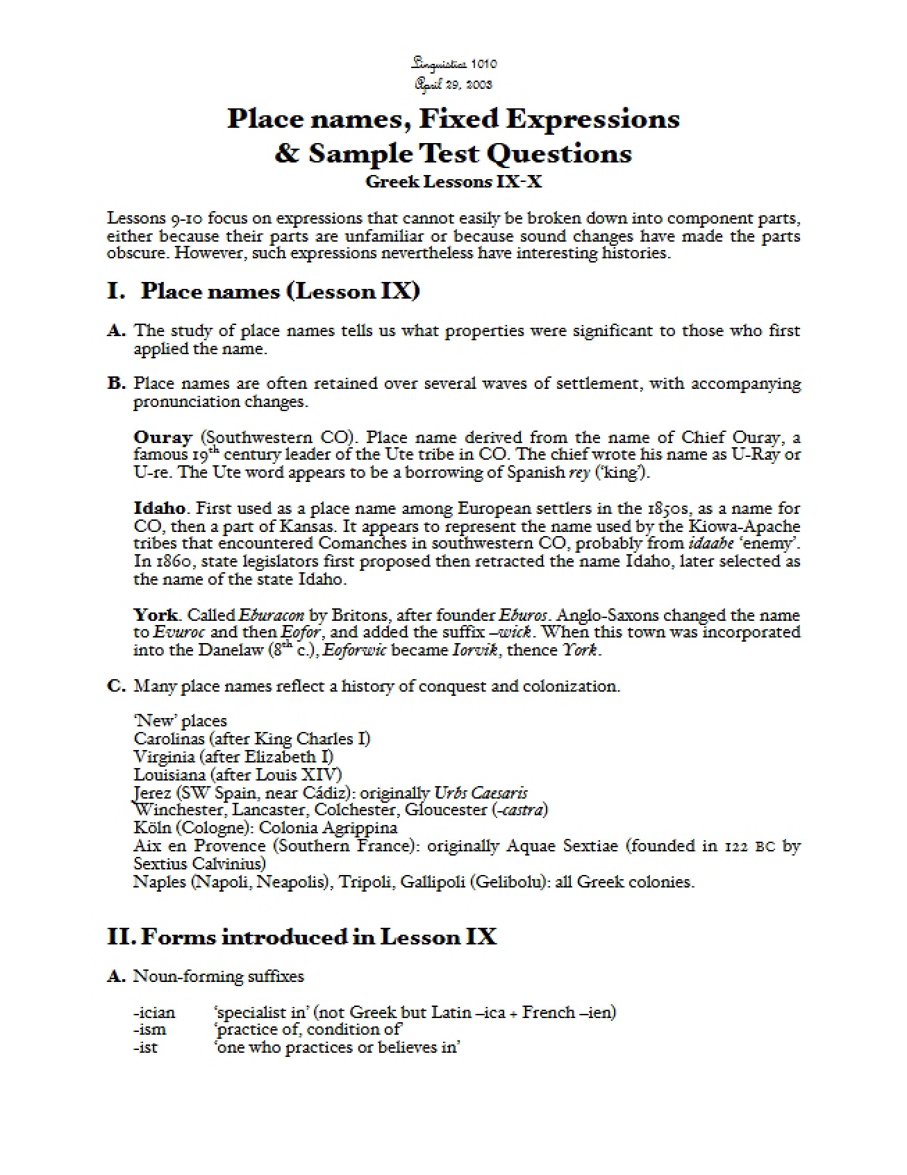 Place Names, Fixed Expressions, and Sample Test Questions