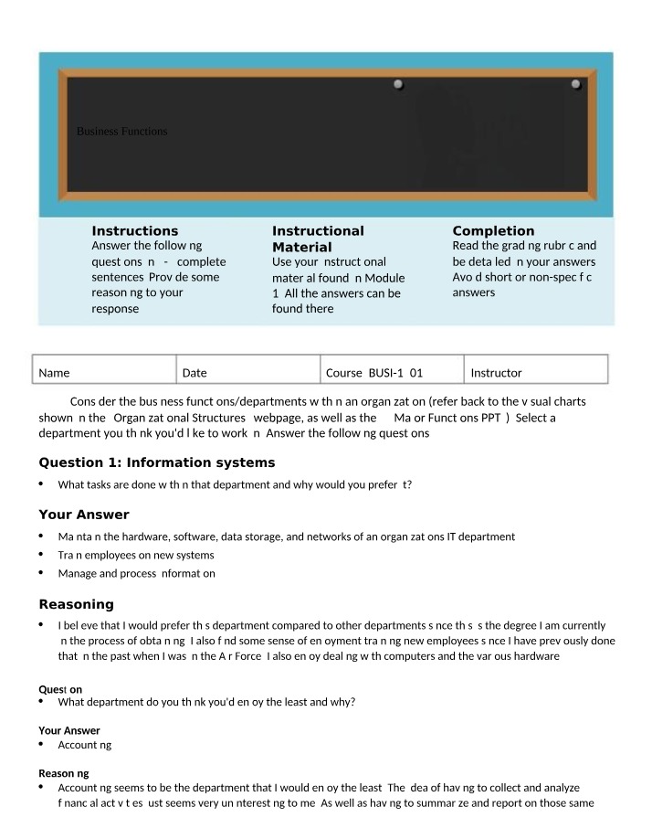 Worksheet on Business Functions