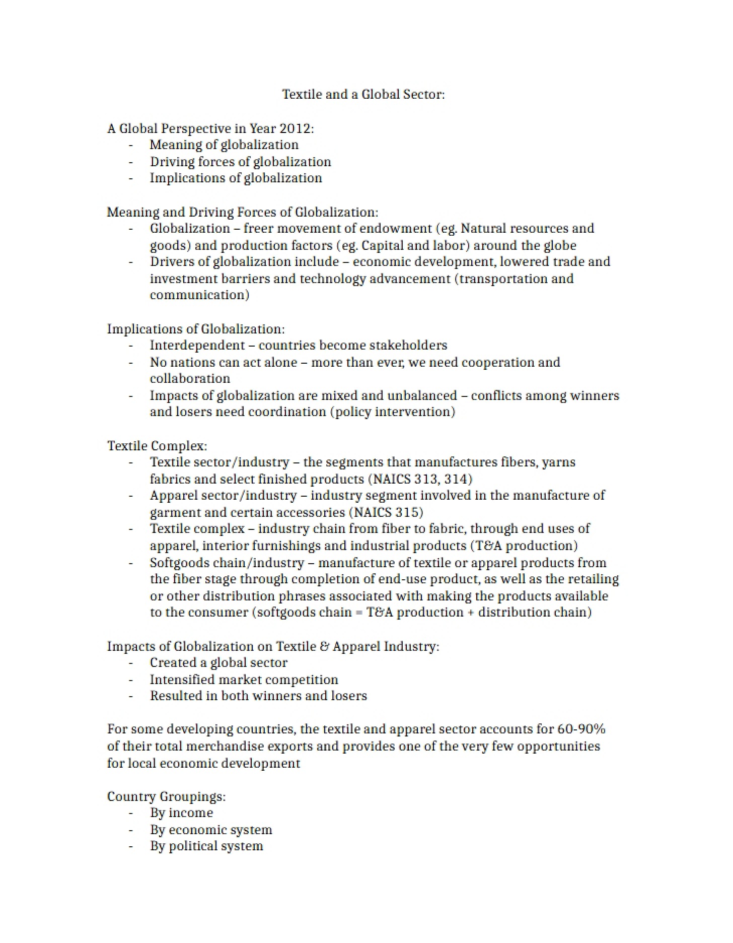Global Sector and Textiles Notes