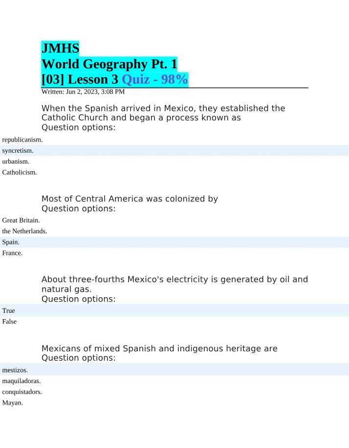 World Geography Pt. 1 Lesson 3 Quiz