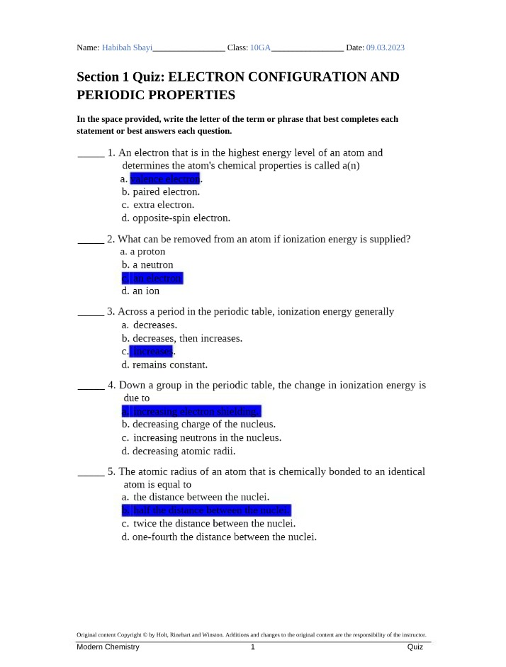 Periodic Properties and Electron Configuration Quiz