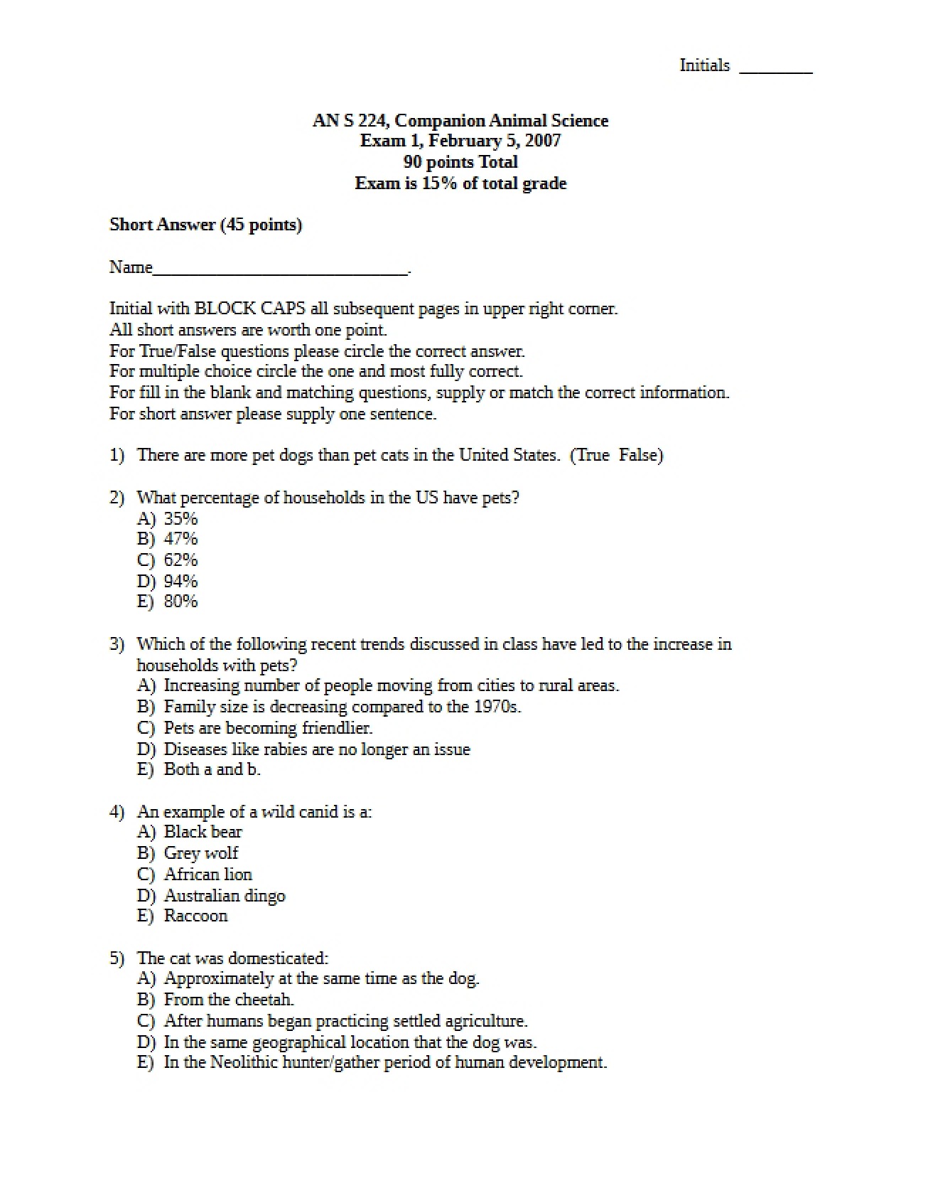 2007 First Examination for Companion Animal Science