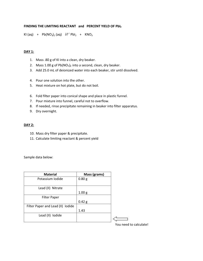 Limiting Reactant and Percent Yield of PbI2
