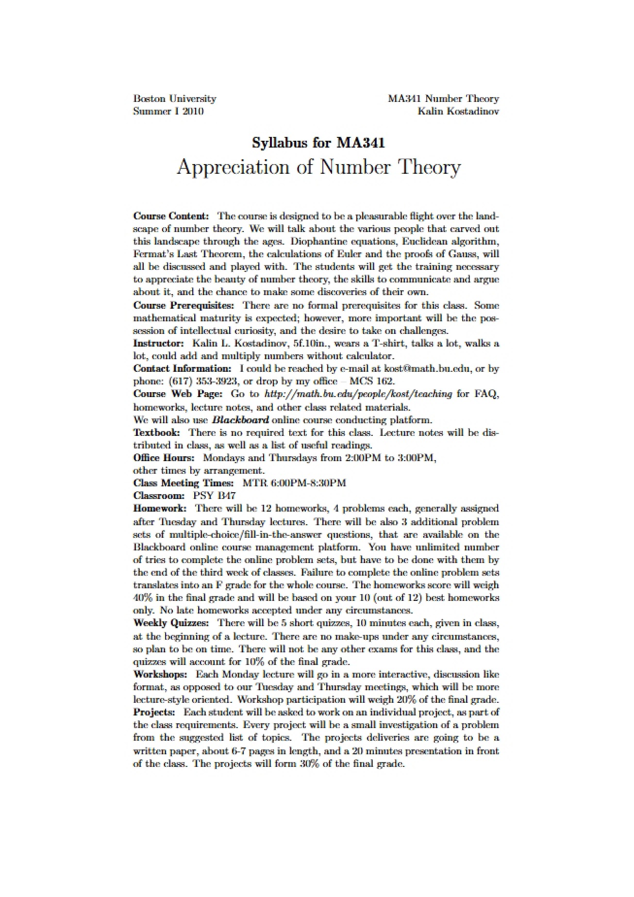 Syllabus for Number Theory