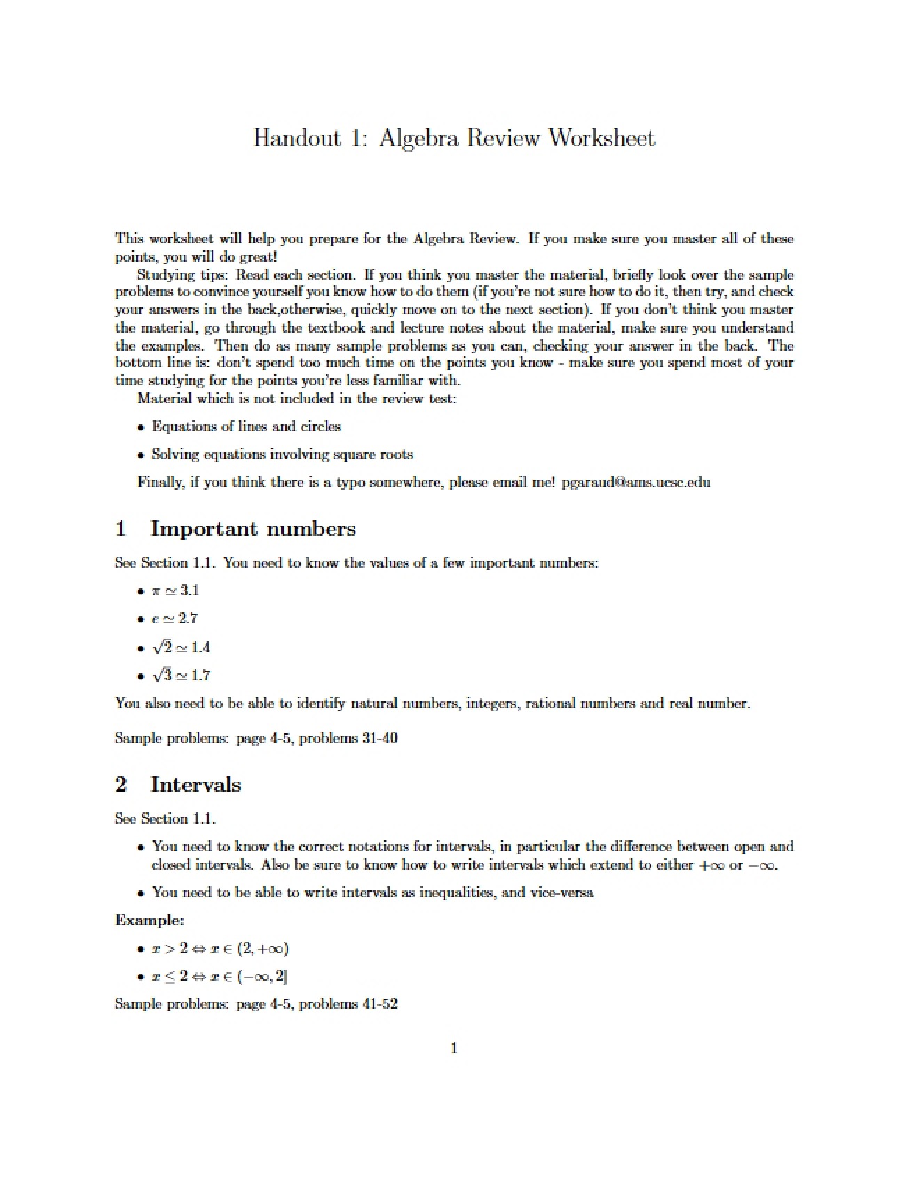 Worksheet for Algebra Review
