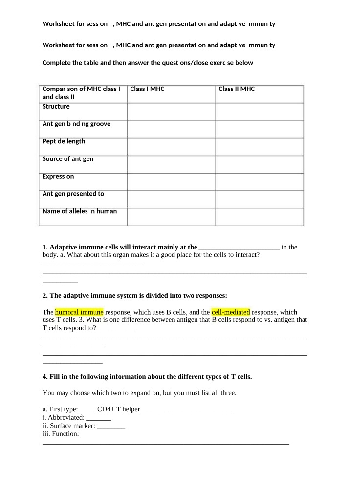 Worksheet on MHC and Antigen Presentation