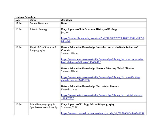Physical Ecology Course Introduction