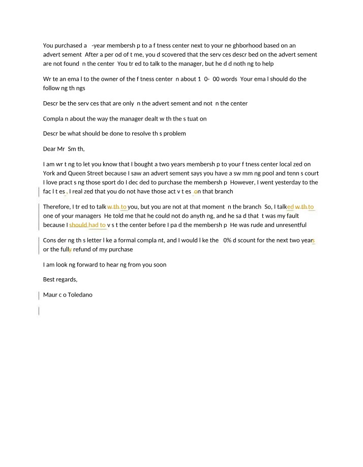 Complaint Email for Fitness Center Membership
