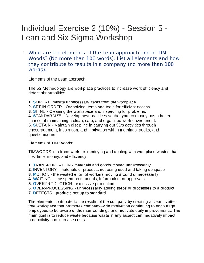 Lean and Six Sigma Workshop - Module 4 Exercise 2