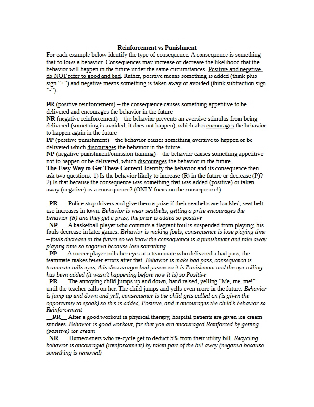 Punishment versus Reinforcement
