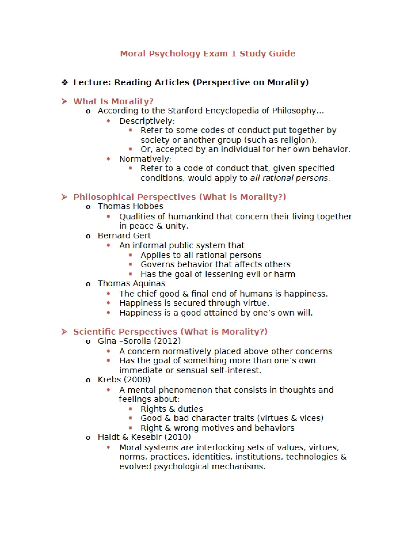 Study Aid Moral Psych Exam One