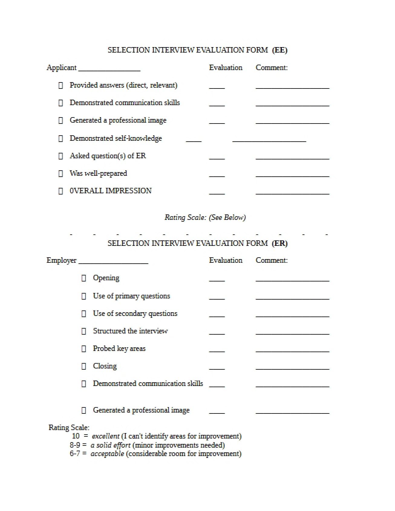 Evaluation Form for Selection Interviews