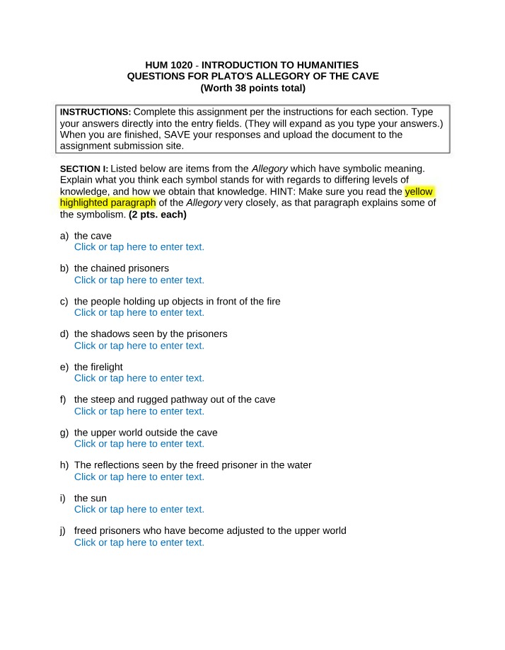 Assignment Questions - Plato's Allegory of the Cave
